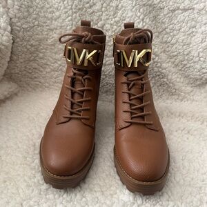 Michael Kors Brown Lace-Up MK Logo Combat Boots